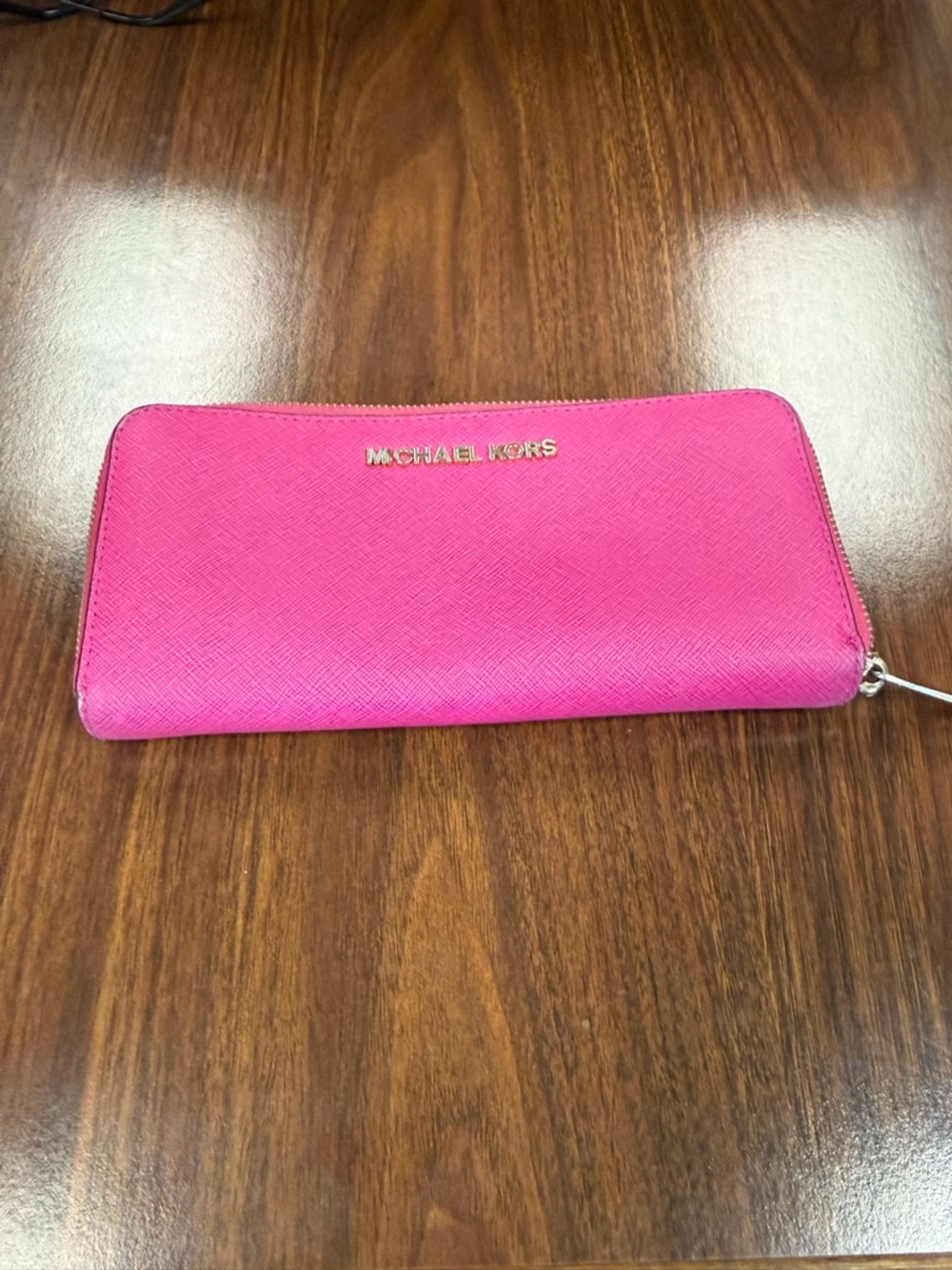 Michael Kors Hot Pink Saffiano Zip Wallet with Gold Logo